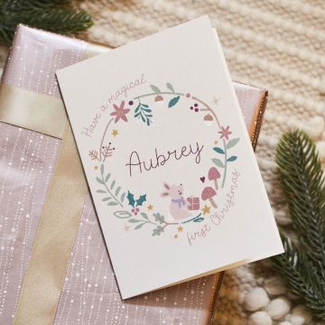 Personalised Pink Floral Wreath First Christmas Card