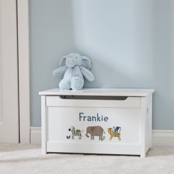 Personalised Safari Animal Design White Panelled Toy Box
