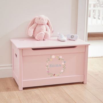 Personalised Pink Floral Wreath Design Panelled Toy Box FSC®
