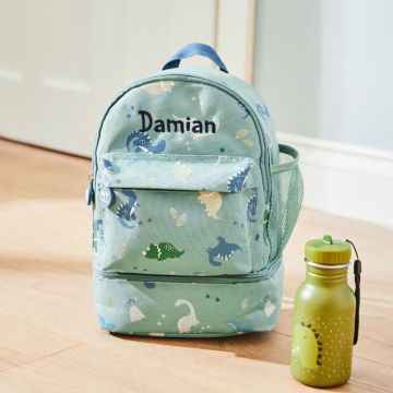 Personalised Green Dinosaur Print Mini Backpack with Compartment