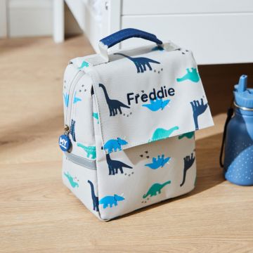 Personalised Grey Dinosaur Print Lunch Bag