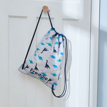 Personalised Grey Dinosaur Print Drawstring Bag