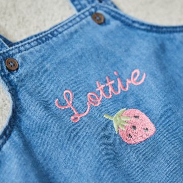 Personalised Strawberry Design Short Legged Denim Dungarees