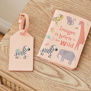 Personalised Pink Safari Baby Passport Holder & Luggage Tag Set