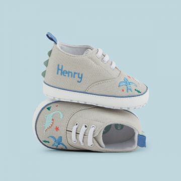 Personalised Grey Dinosaur Design Baby High Top Trainers
