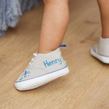 Personalised Grey Dinosaur Design Baby High Top Trainers