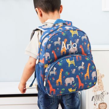 Personalised Navy Safari Print Medium Backpack