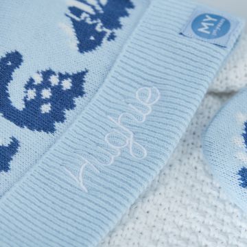 Personalised Blue Dinosaur Knitted Hat & Mittens Set