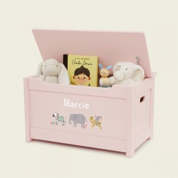 Personalised Safari Animal Design Pink Panelled Toy Box FSC®