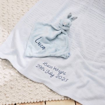 Blue baby blanket and bunny comforter