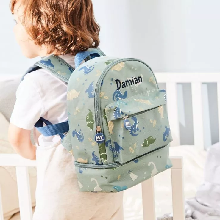 Personalised Green Dinosaur Print Mini Backpack with Compartment