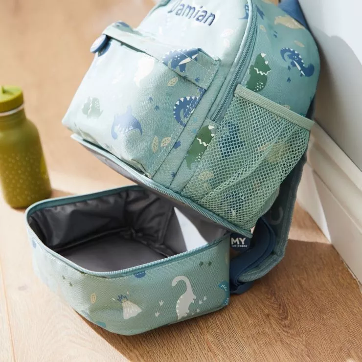 Personalised Green Dinosaur Print Mini Backpack with Compartment