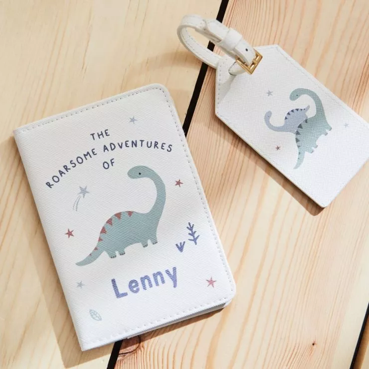 Personalised Dinosaur Baby Passport Holder & Luggage Tag Set