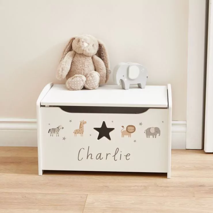 Personalised Small White Safari Animal Toy Box