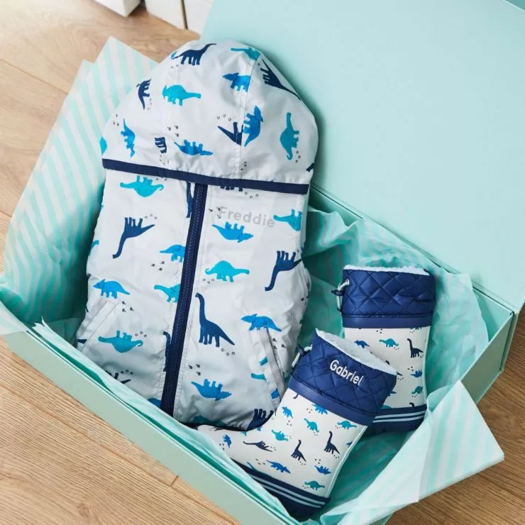Personalised Blue Dinosaur Rainy Day Set