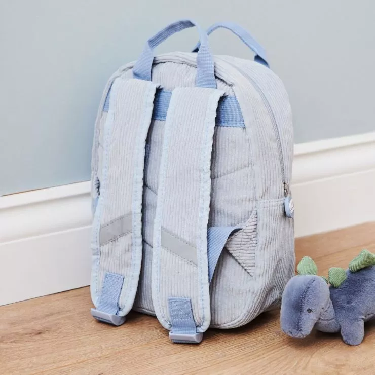 Personalised Blue Cord Mini Backpack and Dinosaur Toy