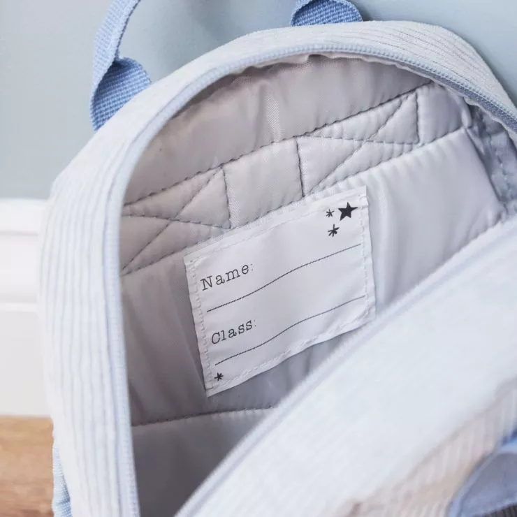 Personalised Blue Cord Mini Backpack and Dinosaur Toy