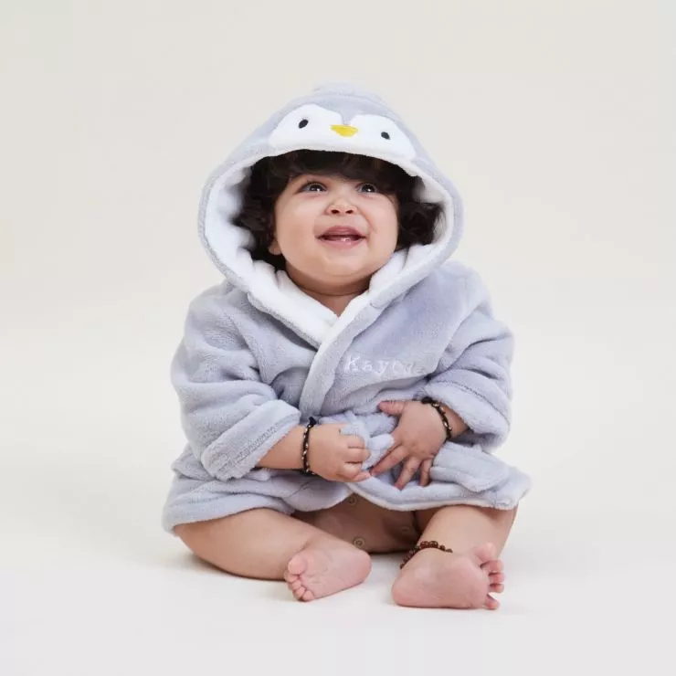 Personalised Grey Penguin Fleece Robe