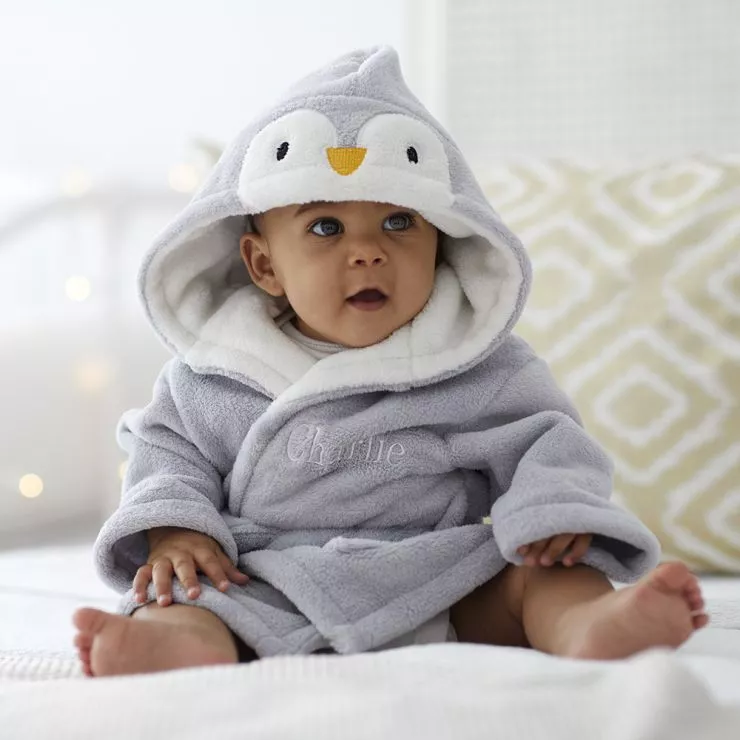 Personalised Grey Penguin Fleece Robe