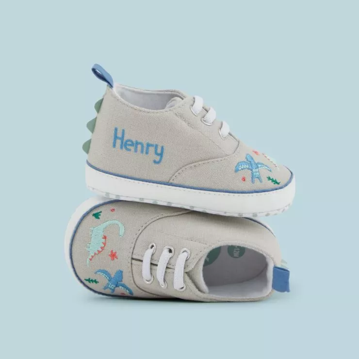 Personalised Grey Dinosaur Design Baby High Top Trainers