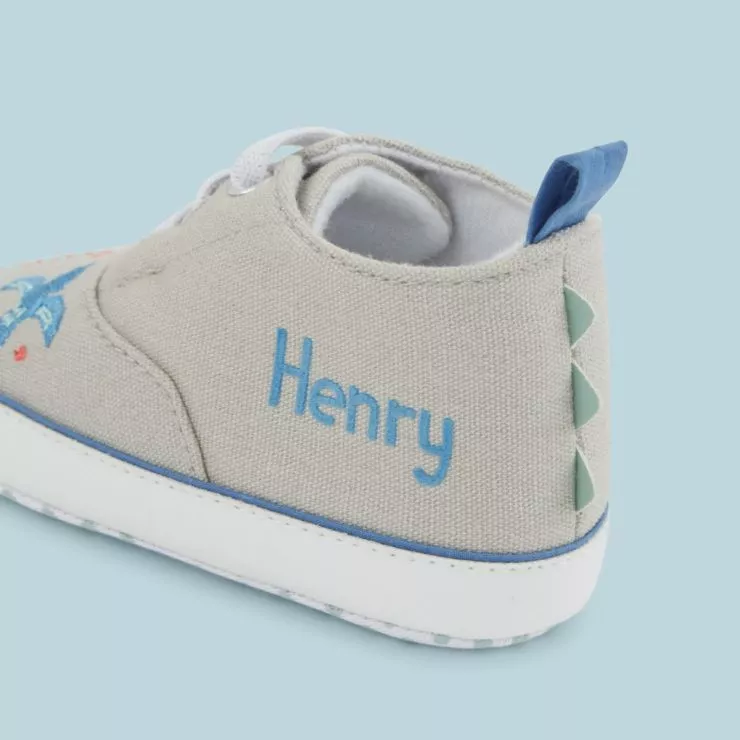 Personalised Grey Dinosaur Design Baby High Top Trainers