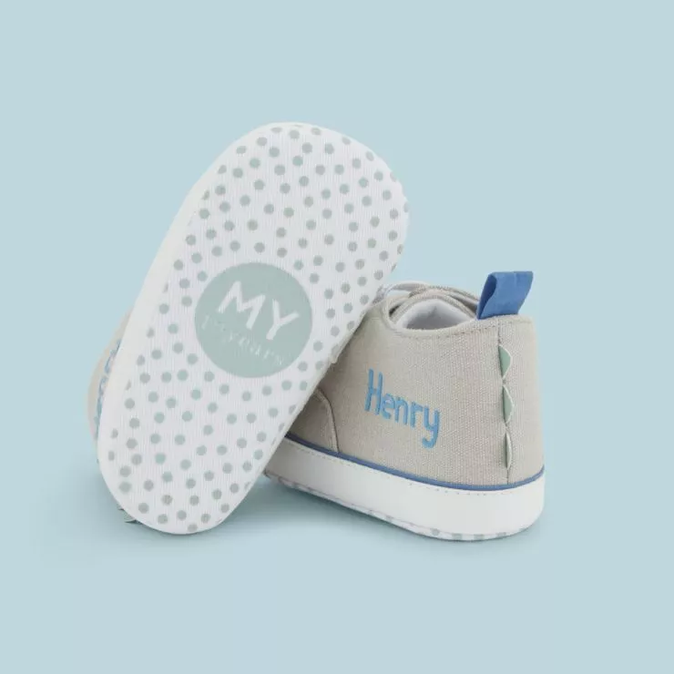 Personalised Grey Dinosaur Design Baby High Top Trainers