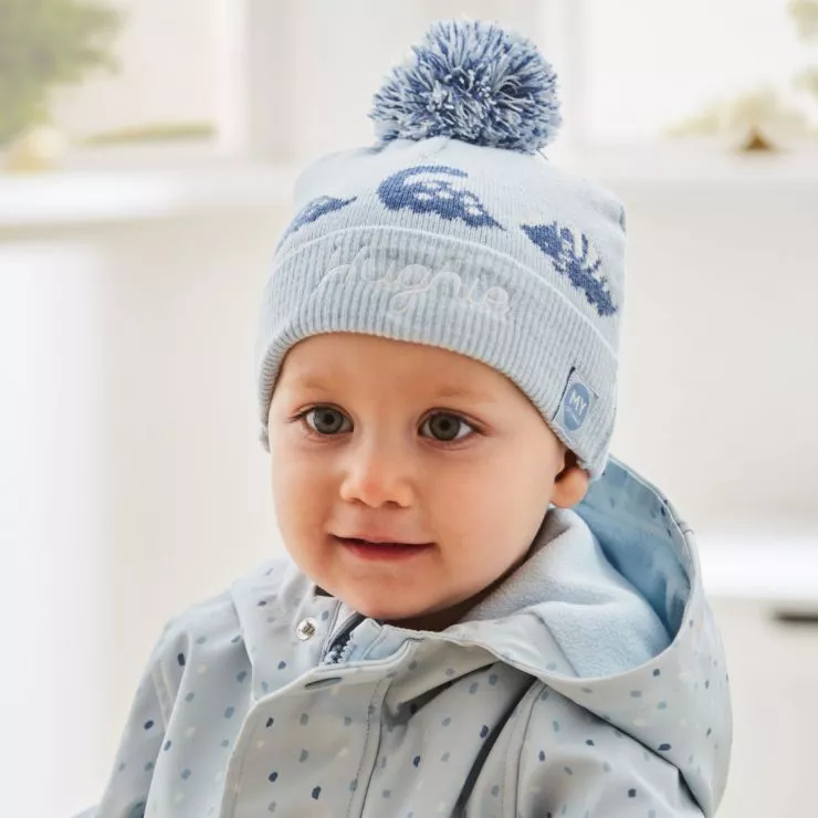 Personalised Blue Dinosaur Knitted Hat & Mittens Set