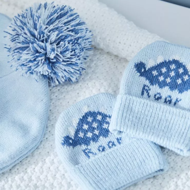 Personalised Blue Dinosaur Knitted Hat & Mittens Set
