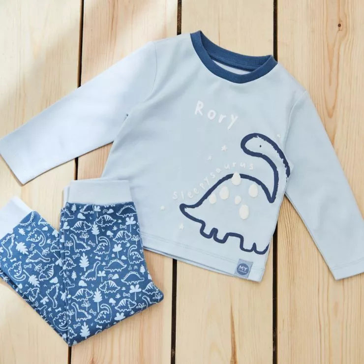 Personalised Blue Sleepysaurus Dinosaur Pyjama Set