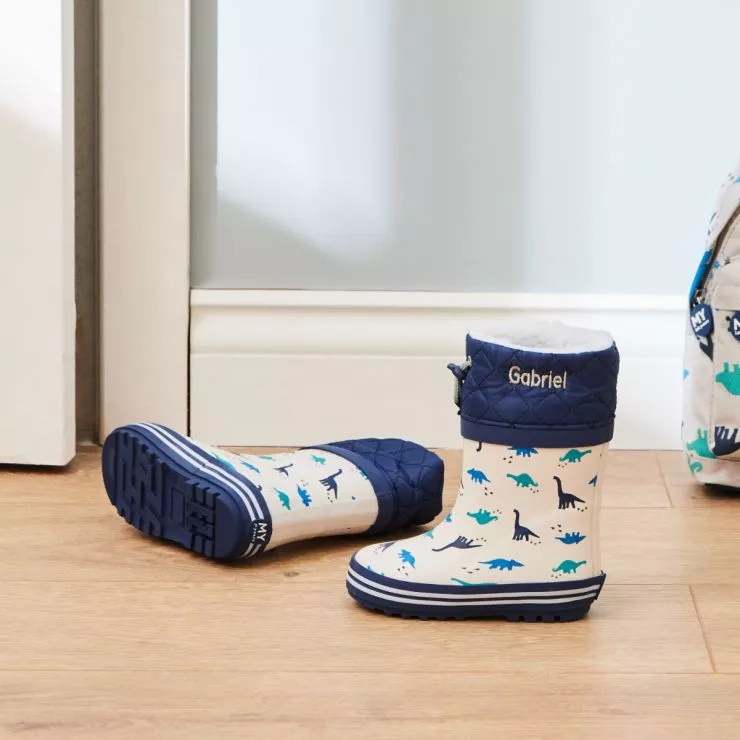 Personalised Grey Dinosaur Print Welly Boots