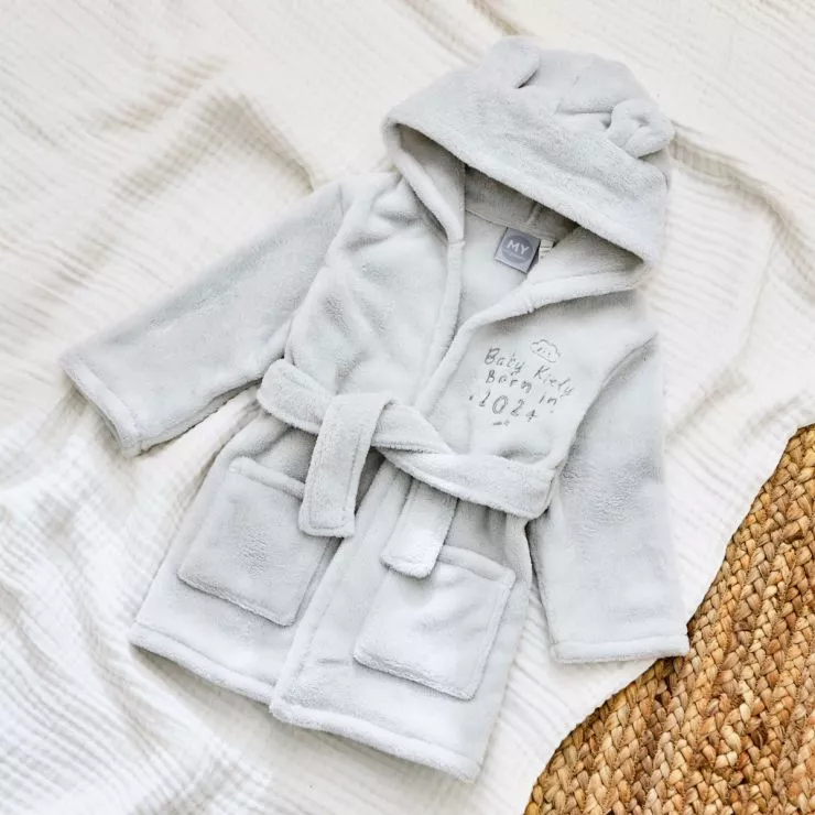Personalised Born in 2024 Grey Fleece Robe with Ears