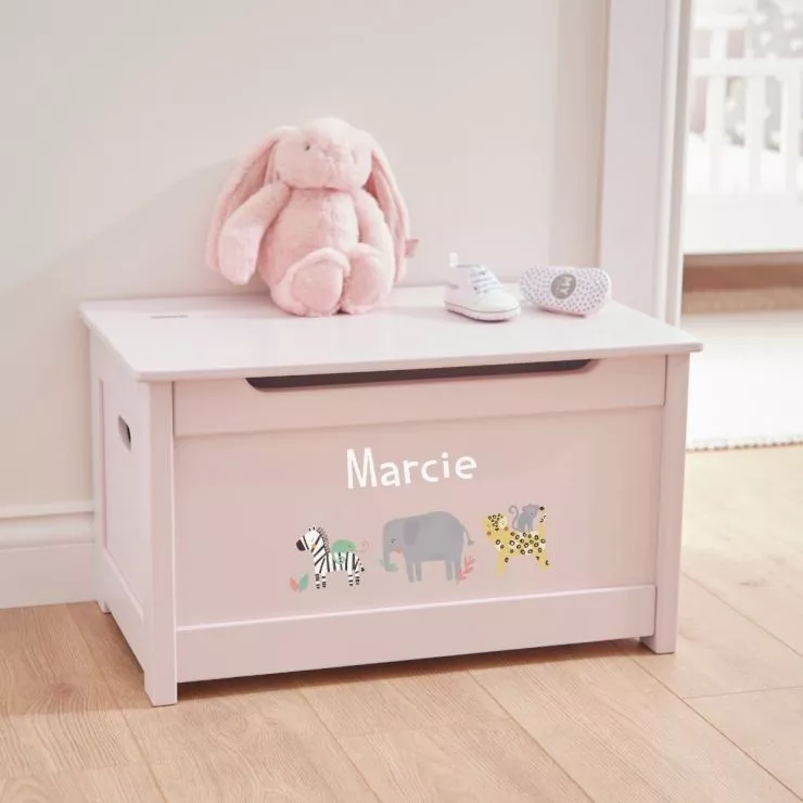 Personalised Safari Animal Design Pink Panelled Toy Box FSC®