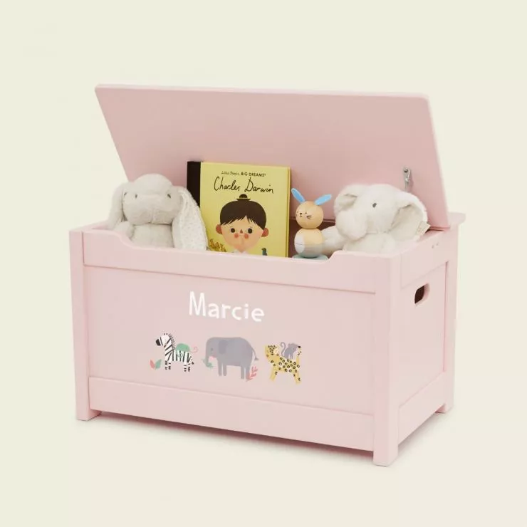 Personalised Safari Animal Design Pink Panelled Toy Box FSC®